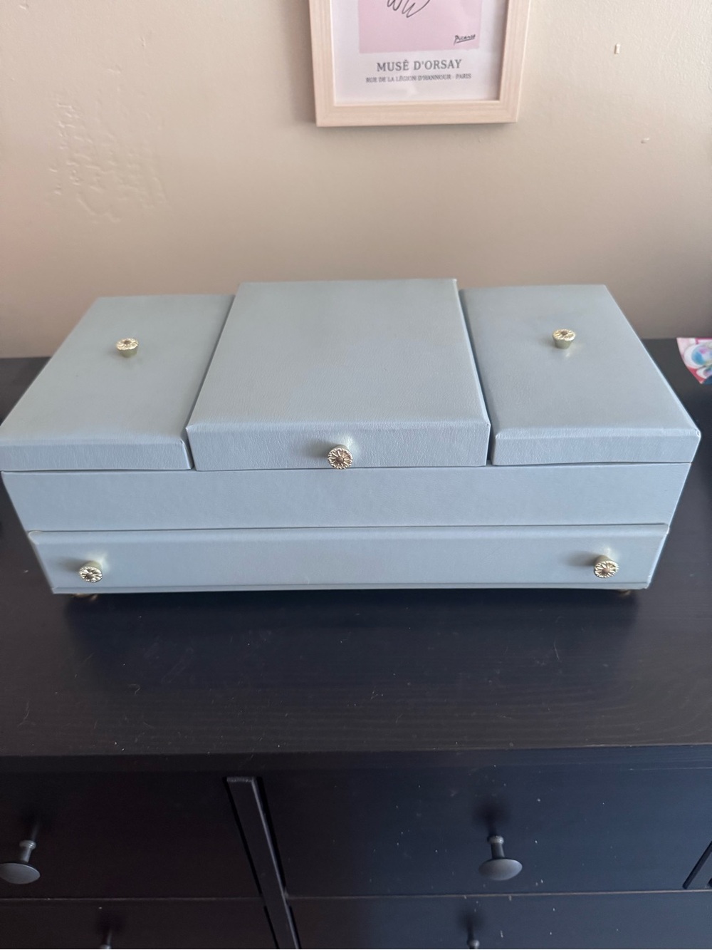 Vintage retro Blue Jewelry Organizer Box with Gold Accents